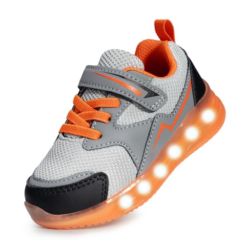 YESKIS Toddler Boys Girls Light Up Shoes LED Flashing Lightweight Mesh Breathable Adorable Running Sneakers for Toddler and Little Kid - color: Grey Orange Boys Light Up Shoes, size: 11 Little Kid