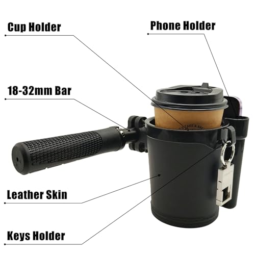 Bike Cup Holder with Phone Keys Holder, Handlebar Water Bottle Cage for E-Bike, Scooter, Stroller, Wheelchair