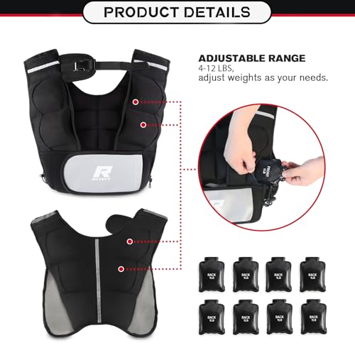 RitFit Weighted Vest, 4lb/8lb/10lb/12lb/15lb/20lb Weight Vest with Reflective Stripes, Weight Vest Adjustable for Women and Men Workout, Strength Training, Running, Fitness, Jogging, Walking - color: Adjustable 4-12LB