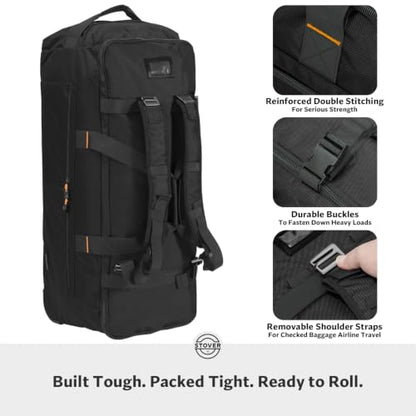 STOVER 100L U-Zip Rolling Duffel Bag with Wheels, Expedition Series X-Large Durable Travel Duffle + Toiletry Bag, Lay-Flat Opening, Packable with Shoulder Straps - Use as Luggage or Backpack (Black) - color: U-Zip Expedition Black