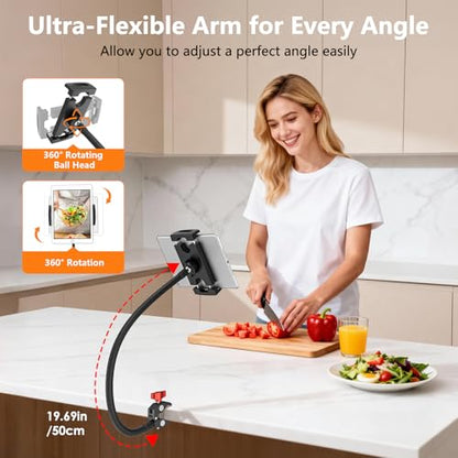 Gooseneck Tablet Holder, 19.69in Metal Crab Clamp iPad Mount for Stroller/Treadmill/Golf Cart/Boat/Mic Stand/Gym Bicycle Handlebar Clamp/Desk, Compatible with 4-13" iPad Pro/Air/Mini, iPhone, E-book