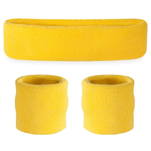 Suddora Sweatbands Set, Moisture Wicking 2 Wristbands and 1 Headband, Breathable Terry Cloth Athletic Bands for Basketball, Tennis, Yoga, Gym, Sweat Bands for Costumes and Cosplay - color: Neon Yellow