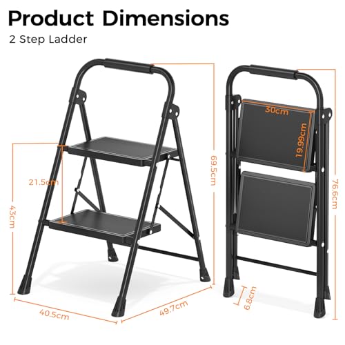 KINGRACK 2 Step Ladder Folding Step Stool with Handrail for Kitchen Black - size: 2-step