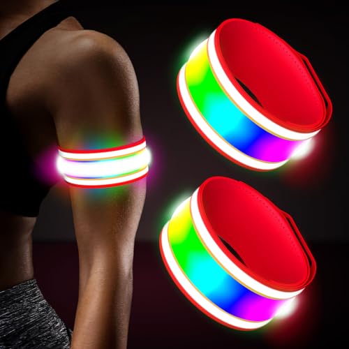 LED Armband Rechargeable for Running(2 Pack),Light Up Arm Bands for Night Walking,Running Lights for Runners,High Visibility Reflective Running Gearr for Night Safety Light Up Wristbands - size: Red