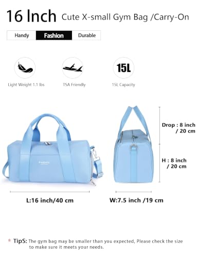 16" Gym Bag for Women,with Shoes Compartment and Waterproof Pocket,Sky Blue - color: Blue, size: 16" Small Size