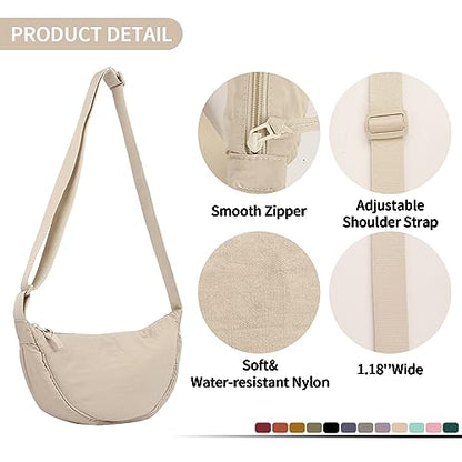 Nylon Crescent Crossbody Bag for Women Purses Trendy Men,Small Travel Sling Bag Hobo - color: Beige+black, size: Small