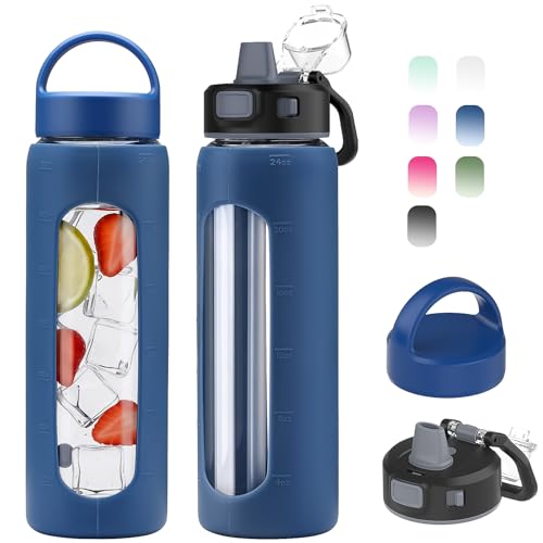 Kodrine 24oz Glass Water Bottle With Straw and 2 Lids, Blue - color: Blue, size: 24 Ounces