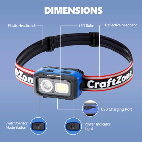Rechargeable LED Headlamp w/Reflective Headband, 500LM USB-C Waterproof, Motion & Dimming, 4 Modes & Memory, Li-ion/AAA Dual Power, Magnetic 60° Mount for Camp Hike Work - color: Black-Blue