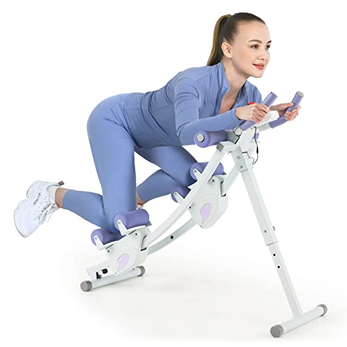 GYMAX Ab Machine, Adjustable Ab Workout Equipment with Independent Slider, LCD Monitor & Foam Cushion, Folding Abdominal Trainer Crunch for Men Women Adults Fitness Lose Weight Home Gym (Purple)
