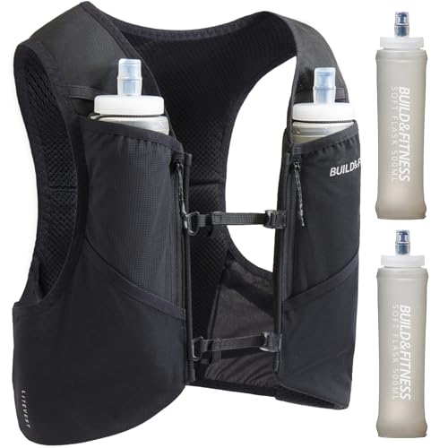 Build & Fitness LITEVEST Running Vest with 2X 500ml Soft Flasks – 7 Pockets, Lightweight, Breathable Hydration Vest – Premium, Secure, Comfort & Style for Training, Trails, Marathons & Everyday Runs - size: L / XL