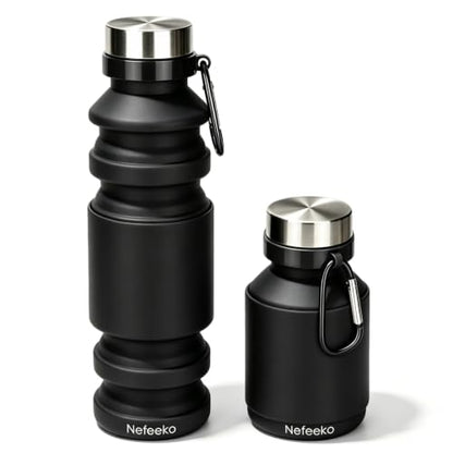 Nefeeko Collapsible Water Bottle, 18floz Reuseable BPA Free Silicone Foldable Bottles for Travel Gym Camping Hiking, Portable Leak Proof Sports Water Bottle with Carabiner - color: Black-18oz