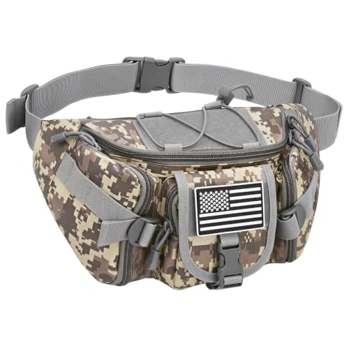 Tactical Fanny Pack, Large Military Waist Bag with 5 Zipper Pockets, Crossbody Fanny Packs Bumbag with U.S Patch, Hiking Belt Bag, Walking Outdoor Fishing Hip Pack for Women Men - ACU Camo - color: ACU Camo