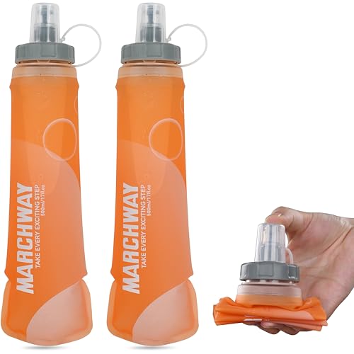 MARCHWAY Soft Hydration Flask with Wide Mouth, 300ml/500ml Collapsible TPU Water Bottle, Leakproof Portable Flexible for Running, Hiking, Cycling, Climbing, Gym, Travel (2pcs Orange 500ml) - color: Orange, size: 500ML