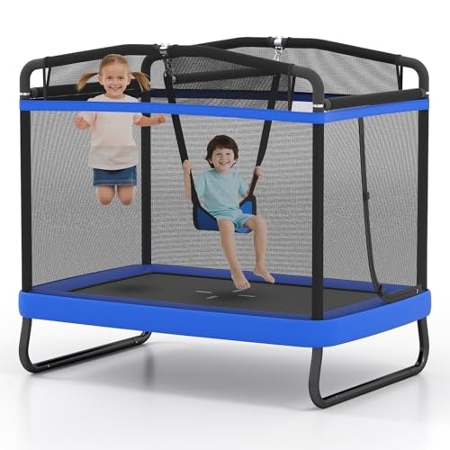 Giantex 6 FT Trampoline for Kids with Swing, Toddler Trampolines with Safety Enclosure Net, ASTM Approved, Rectangle Indoor & Outdoor Mini Kids Trampoline - color: Blue, size: 48"D x 70"W x 67"H