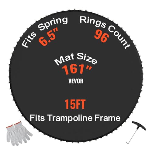 VEVOR Replacement Trampoline Mat, Jumping Mat Fits 12/13/14/15 ft Frame, Universal Jumping Round Trampoline, UV-Resistant Mat with Spring Tool & 72/80/92 V-Rings, Fit 5.5"/6.5"/7" Spring Length - style: 15FT-96 V-rings-Fit 6.5" Spring Length