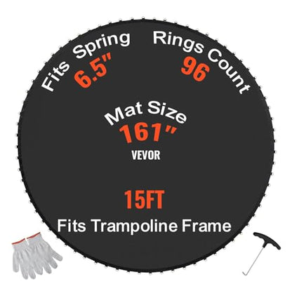 VEVOR Replacement Trampoline Mat, Jumping Mat Fits 12/13/14/15 ft Frame, Universal Jumping Round Trampoline, UV-Resistant Mat with Spring Tool & 72/80/92 V-Rings, Fit 5.5"/6.5"/7" Spring Length - style: 15FT-96 V-rings-Fit 6.5" Spring Length