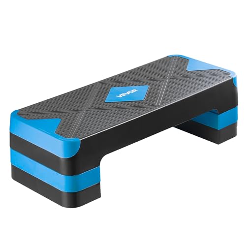 VEVOR Aerobic Exercise Step Platform, 28-Inch Workout Aerobic Stepper, Height Adjustable Fitness Training Step Deck Trainer with 4 Risers, Non-Slip Surface Bench for Home Gym Cardio Strength - color: Blue