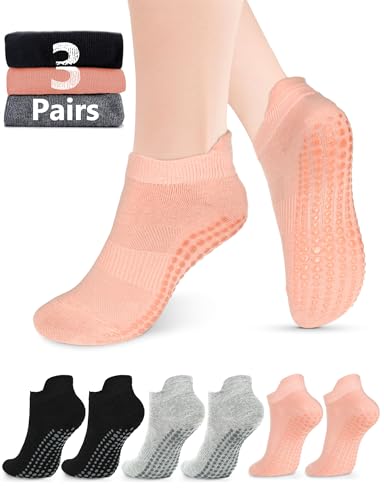 AURUZA Grip Socks for Women Men Pilates Grip Socks Non Slip Yoga Sock with Grips for Barre Barefoot Hospital Grippy Sock - color: 3 Pairs - Black/Light Grey/Pink, size: Medium