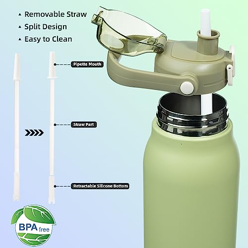 BJPKPK 45oz Insulated Water Bottle with Straw Lid, Stainless Steel Bottle - color: 45 ozLight Green, size: 45 Ounces