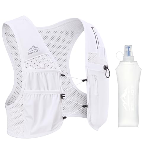 Zelvot Running Vest for Women Men, US Patent, Adjustable Chest Straps Running Hydration Vest with 500ml Soft Flask, Lightweight Reflective Hydration Backpack for Marathon - color: White, size: Medium-Large (1 Soft Flask)