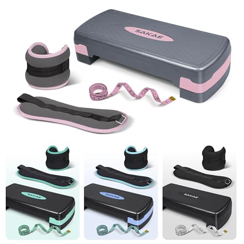SAKAE Exercise Step Platform Set with Ankle Weights & Measuring Tape, Adjustable Height 2 Level Risers Workout Step Trainer, Aerobic Steppers for Home Gym Exercise Fitness Workout, Multiple Colors - color: Pink