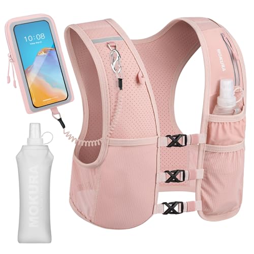 MOKURA Running Vest for Women Men with 500ML Soft Flask & Phone Holder - color: Pink, size: Large