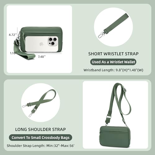 FODOKO Wristlet wallets for Women RFID crossbody bags with 4 Zippers - color: Pea Green 2