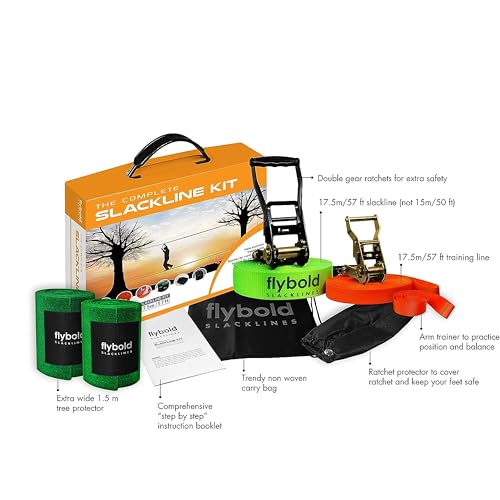 flybold Slackline Kit for Kids and Adults - 57 ft Balance Rope with Training Line, Tree Protectors, Arm Trainer, Ratchet Cover, and Carry Bag - Ideal for Tightrope Walking and Slackline Zipline - style: COMPLETE KIT