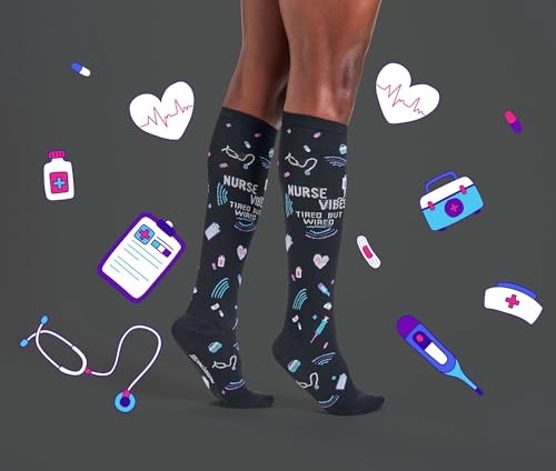 Nurse Mates Women's Wide Calf Socks | 12-14 mmHg Compression | Up to 22" Calf | One Size | 1 Pair - color: Nurse Vibes, size: One Size