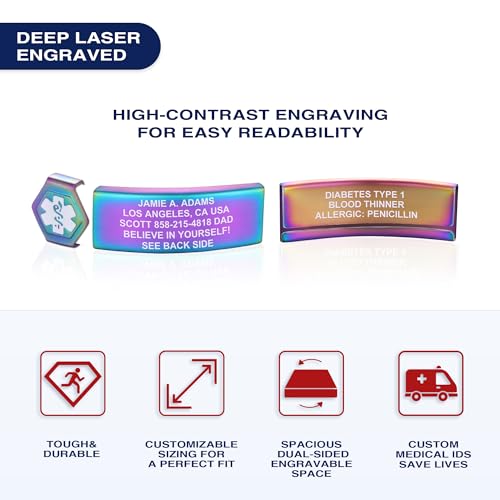 Divoti Custom Dual-Sided Engraved Silicone Medical Alert ID Wristband w/Security Clasp & Trim-to-Fit Band - Style - color: Carmella Blue / PVD Rainbow / White, size: Band Width - 13mm