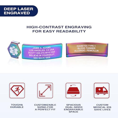 Divoti Custom Dual-Sided Engraved Silicone Medical Alert ID Wristband w/Security Clasp & Trim-to-Fit Band - Style - color: Carmella Blue / PVD Rainbow / White, size: Band Width - 13mm