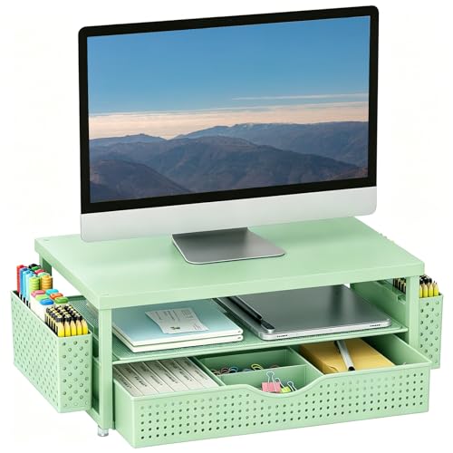 gianotter Desk Organizers and Accessories, Monitor Stand with Drawer and 2 Pen Holder, Desktop Organizer Suitable for Offices and Dormitories (Sage Green) - color: Sage Green