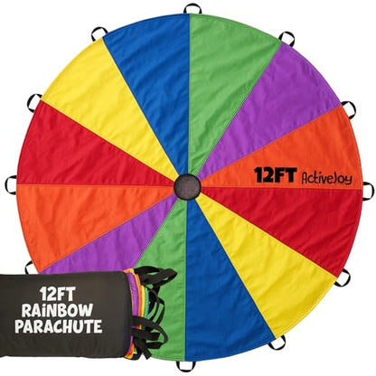 Activejoy - Parachute for Kids - 8ft /12ft / 16ft / 20ft / 24 ft / 30ft - Rainbow Parachute Toy with Handles - Great for Gym Class, Field Day & Outdoor Games - size: 12FT - 12 HANDLES