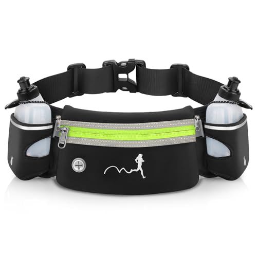 Hydration Running Belt with Water Bottles(2 x 300ML), Luckit Upgraded Nylon Webbing Running Waist Bag Reflective Bum Bag Adjustable Sports Waist Pouch for Marathon Running Hiking Camping Jogging - color: Green