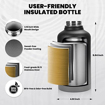 RAYMYLO Insulated Water Bottle 64 oz, Triple Wall Vacuum Stainless Steel - color: Dark Gray, size: 64 Ounces