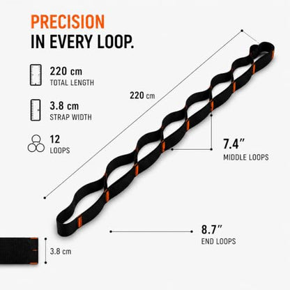 12 Loop Stretching Strap – Non-Elastic Stretch Strap with Door Anchor & D-Rings for Hamstring, Legs, Yoga, Mobility & Flexibility Training