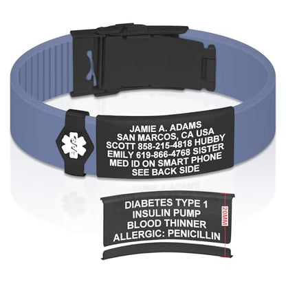 Divoti Custom Dual-Sided Engraved Silicone Medical Alert ID Wristband w/Security Clasp & Trim-to-Fit Band - Style - color: Carmella Blue / PVD Black / White, size: Band Width - 19mm