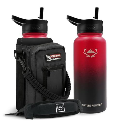NATURE PIONEOR 32 oz Insulated Water Bottle with Carrier Bag & 3 Lids - color: Red Black, size: 32 Ounces