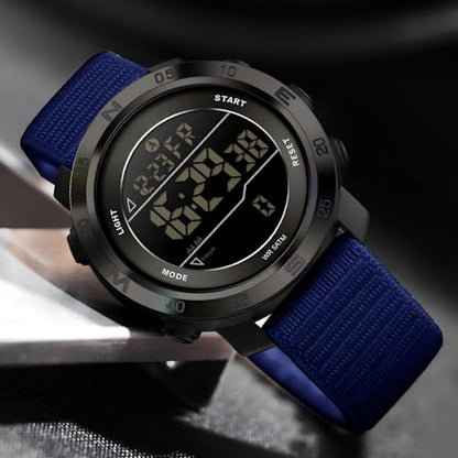 findtime Step Counter Watch No Phone Needed Pedometer for Walking Mens Women's Digital Watches with Calories Distance Alarm Countdown Timer Nylon Strap Blue