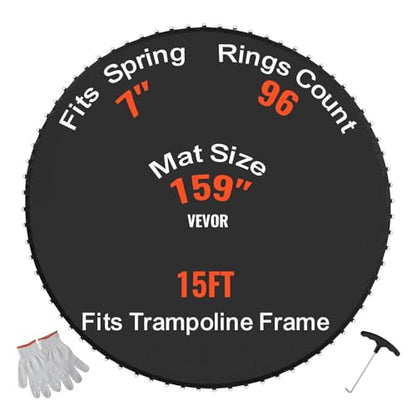 VEVOR Replacement Trampoline Mat, Jumping Mat Fits 12/13/14/15 ft Frame, Universal Jumping Round Trampoline, UV-Resistant Mat with Spring Tool & 72/80/92 V-Rings, Fit 5.5"/6.5"/7" Spring Length - style: 15FT-96 V-rings-Fit 7" Spring Length