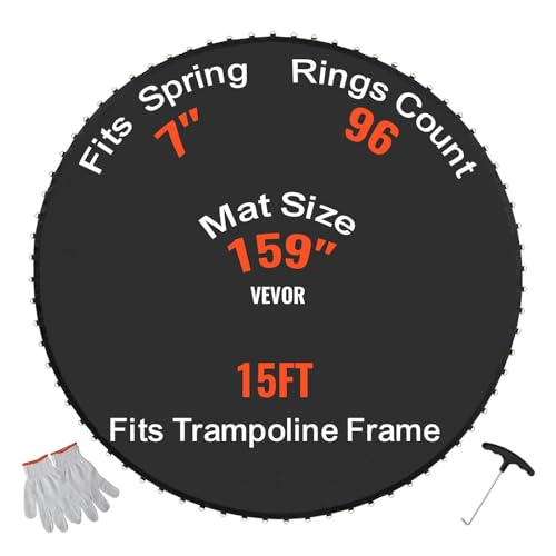 VEVOR Replacement Trampoline Mat, Jumping Mat Fits 12/13/14/15 ft Frame, Universal Jumping Round Trampoline, UV-Resistant Mat with Spring Tool & 72/80/92 V-Rings, Fit 5.5"/6.5"/7" Spring Length - style: 15FT-96 V-rings-Fit 7" Spring Length