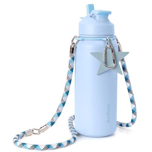 Cute Water Bottle with Strap, 40oz Insulated Stainless Steel Bottle for Girls, Travel & Daily Carry, Leak-Proof, Straw & Spout Lid, BPA-Free, Keeps Drinks Cold - color: Misty Lagoon, size: 40 Ounces