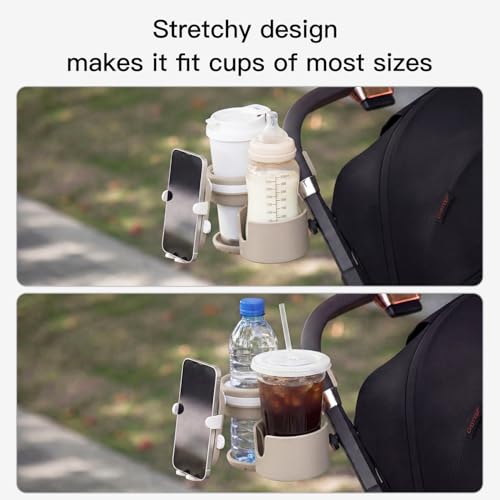 Gromast Universal Stroller Cup Holder with Phone Holder, 3-in-1 Detachable Drink Holder 360° Rotatable, Adjustable Cup Holder for Baby Stroller, Tricycle - Khaki - color: Khaki-4-in-1