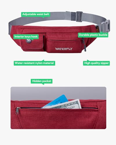 WATERFLY Small Fanny Pack for Women Men, Crossbody Travel Waist Bag - color: Wine red