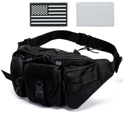 Tactical Fanny Pack for Men Women, Large Waist Packs with 5 Zipper Pockets, Adjustable Strap Hip Belt Bag for Outdoor Hiking Fishing Running Traveling, Crossbody Bumbag with Patch - Black - color: Black