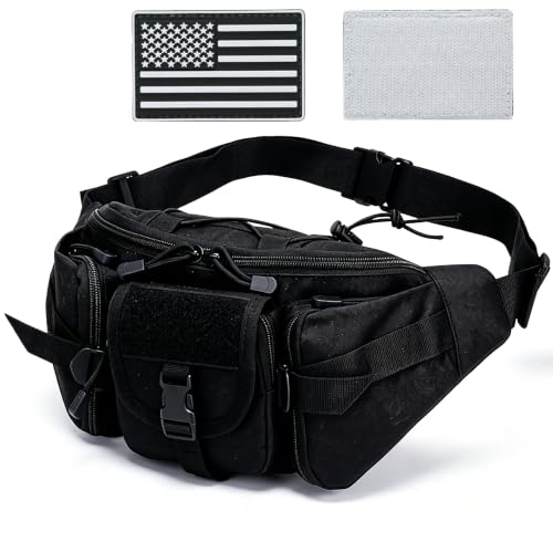 Tactical Fanny Pack for Men Women, Large Waist Packs with 5 Zipper Pockets, Adjustable Strap Hip Belt Bag for Outdoor Hiking Fishing Running Traveling, Crossbody Bumbag with Patch - Black - color: Black