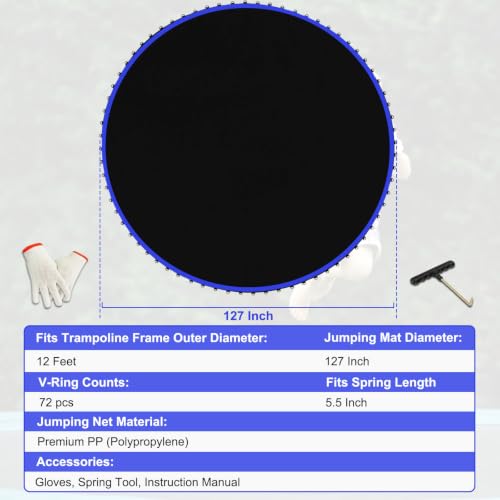 Replacement Trampoline Mat, Heavy-Duty, UV-Resistant & Durable Bounce Pad for Round Trampolines - Perfect for Safe & Fun Jumping - size: 12FT|127"Dia|72 V-Rings|Fits 5.5" Springs Length