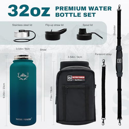 NATURE PIONEOR 32 oz Insulated Water Bottle with Carrier Bag & 3 Lids - color: Malachite Blue, size: 32 Ounces