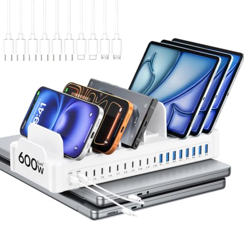 20-Port 600W Moezuti Charging Station for Multiple Devices with 10 Cables - color: White