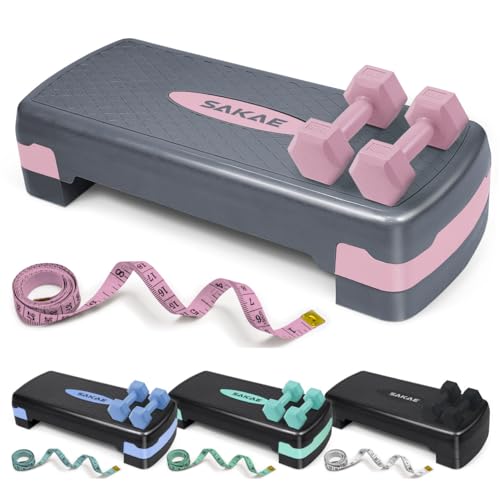 SAKAE Step Aerobics Platform Set with Dumbbells & Measuring Tape, Aerobic Steppers for Exercise at Home, Adjustable Height 2 Level Risers Workout Step Trainer with Non-Slip Surface, Multiple Colors - color: Pink Grey